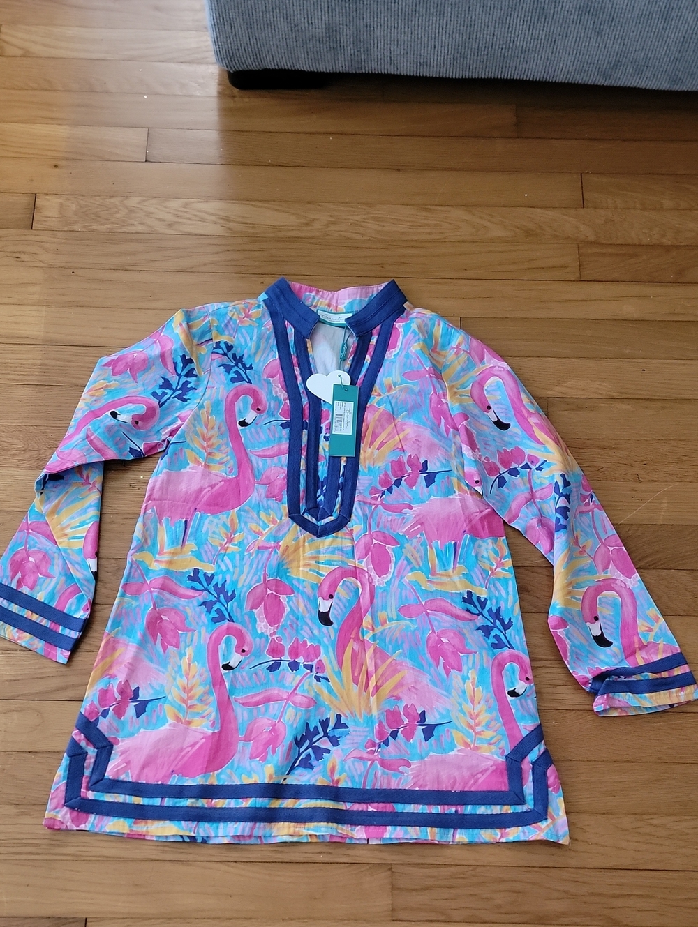 Kids Pink Flamingo Tunic Dress with Navy Trim